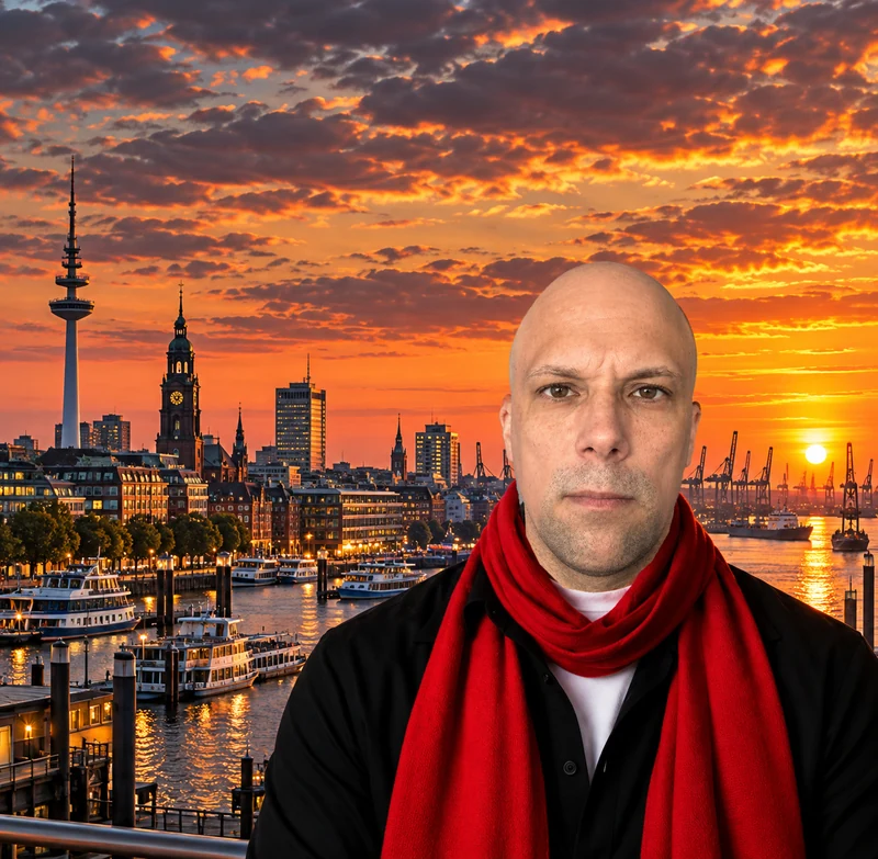 Ingo Kaut vor der Hamburger Skyline